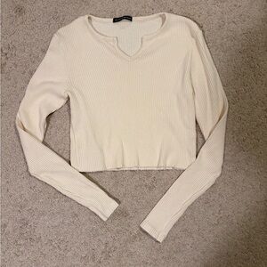 Brandy Melville Cream Ribbed Cropped Long-Sleeve Top